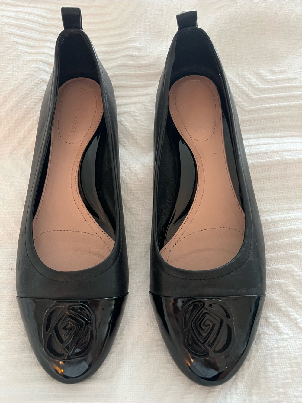 Taryn Rose Black Leather and Patent Toe Logo Ballet Flats